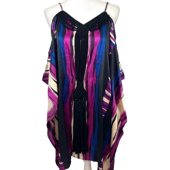 Voom By Joy Han Silk Caftan Dress Macrame Trim Knee Length Festival - Picture 1 of 12